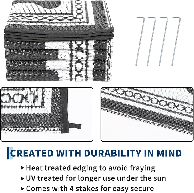 Garvee Outdoor Rug 5x8 Scalloped Waterproof Patio RV Outdoor Rugs Reversible Foldable Plastic Straw Rug Modern Camping Carpet for Deck Camper Porch Balcony Backyard Picnic Beach Grey