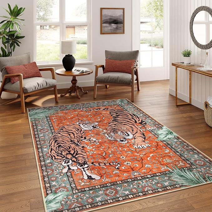 Moynesa Tiger 5x7 Area Rug, Boho Washable Living Room Rug, Non Slip Rugs for Bedroom, Ultra Thin Vintage Soft Stain Resistant Throw Floor Carpet for Office Dining Room, Rust