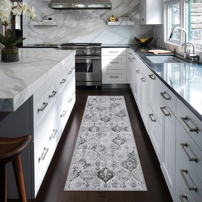 Lahome Moroccan Washable Runner Rug, 2x6 Grey Kitchen Runners for Hallways | Trellis 6 Feet Non Slip Vintage Laundry Room Rug Ultra-Thin Carpet for Bathroom Bedroom Entryway Elise, Silver Grey