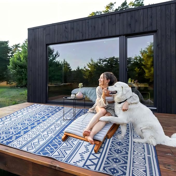Outdoor Rug 9 x 12 ft, Reversible Plastic Straw Rug for Patio, Waterproof Large Outdoor Carpet for RV, Patio, Camping, Backyard, Deck, Picnic, Beach, Navy & White