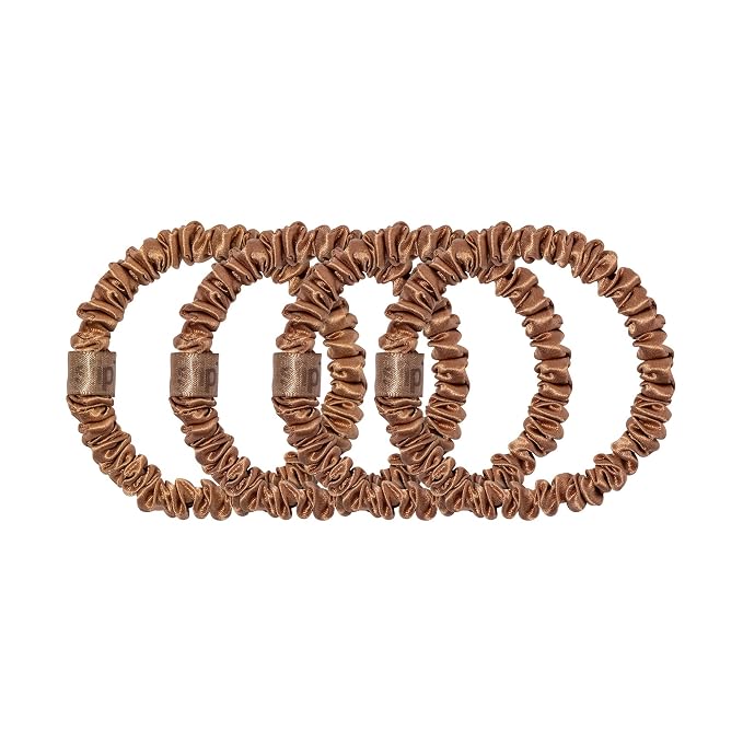 Slip Silk Hair Ties — Skinny Silk Copper Scrunchies, No Damage, No Crease, Anti-Breakage |100% Mulberry Silk | All Hair Types | Made with Proprietary Slipsilk™ | Set of 4