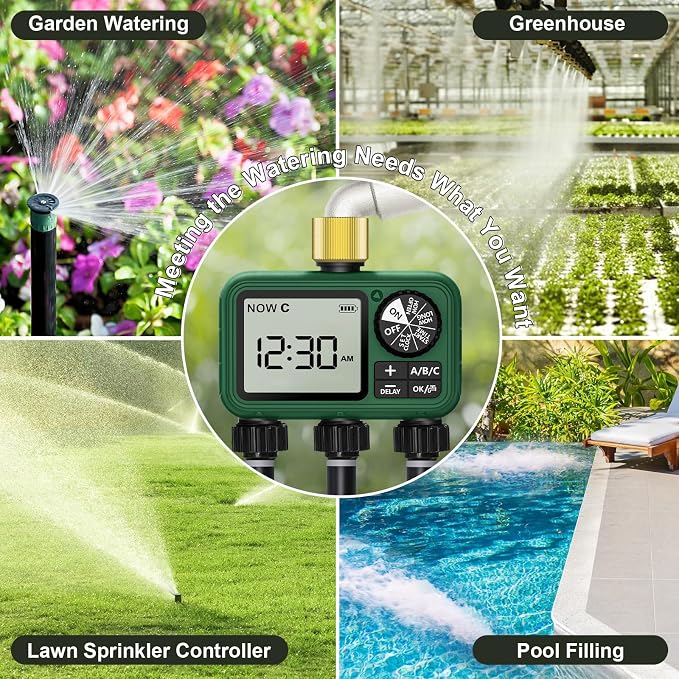 Water Timer for Outdoor Garden Hose, Sprinkler Timer for Garden Faucet with Auto/Manual/Rain Delay Mode, Sprinkler Irrigation Controller for Yard Lawn (3 Zones Brass Inlet)