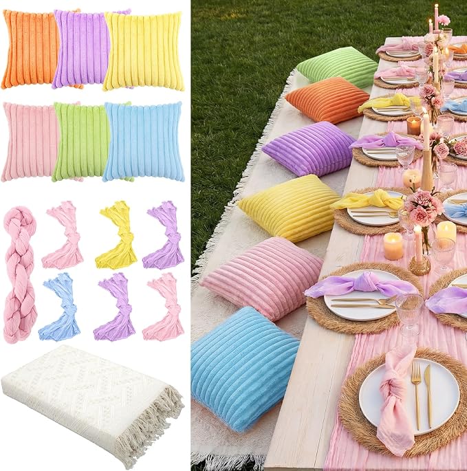 Beeveer 14 Pack Picnic Kit 91x71 Extra Large Outdoor Boho Picnic Blanket with Pastel Table Runner, 6 Throw Pillow Covers 6 Napkin Woven Cotton Yarn Oversize Washable Beach Blanket for Camp Wedding