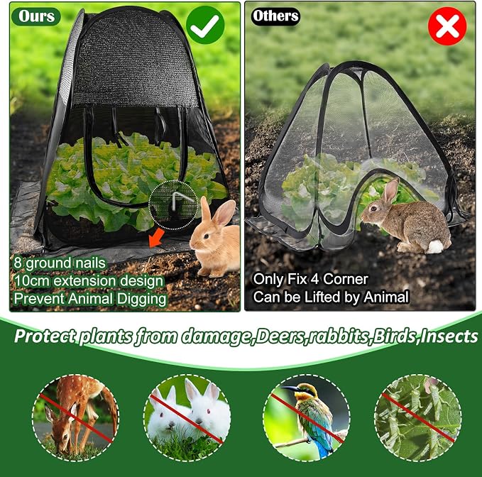 Pop up Plant Shade Tent, Plant Shades for Outdoor Plants Mesh Plant Cover with 8 Stakes Pop up Gardening Net Cover with Zipper Door Pest Guard Cover Protect Outdoor Plants from Animals（ 28x28x32in）