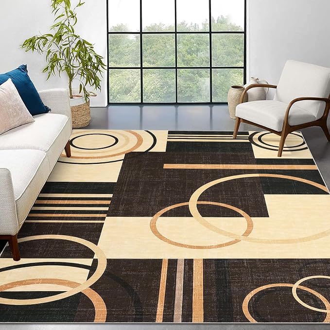 RUGSREAL 10x13 Rugs for Living Room Washable Rug Abstract Circles Rug | Contemporary Modern Area Rug Stain Resistant Accent Rug Low Pile Throw Carpet