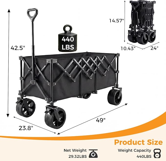 NEWBULIG Foldable Wagon Cart, 440LB Heavy Duty Collapsible Wagon with Extra-Long Storage, All-Terrain Wheels, Portable Utility Cart Wagons for Groceries, Camping, Sports, Beach, Garden, Black