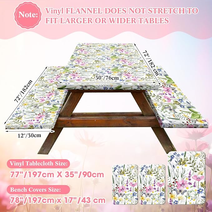 Boao 3 Pcs Vinyl Picnic Table Cover with Bench Cover 6 ft 30 x 72 Inch Waterproof Fitted Tablecloth Flannel Backing Rectangular Elastic Edged for Camping Outdoor Patio Travel(Wildflower)