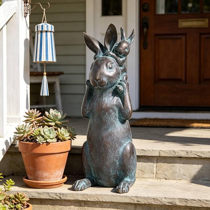 Rabbit Garden Statues Bunny Decorations - Easter Bunny Father with Baby Figurine Easter Gift Dark Gray Garden Spring Bunny Sulpture for Yard Framhouse Outdoor Décor 7*5.25*15.25 in Newman House Studio