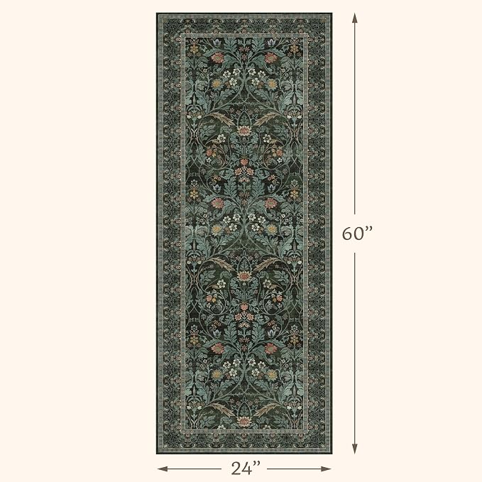 2x5 Runner Rug Non Slip Washable - Small Bathroom Runner Rug Non Slip, Dark Green Floral Pattern Soft Carpet Runner for Entryway Kitchen Bedroom Bedside, Waterproof Mats for Laundry (Olive Green)