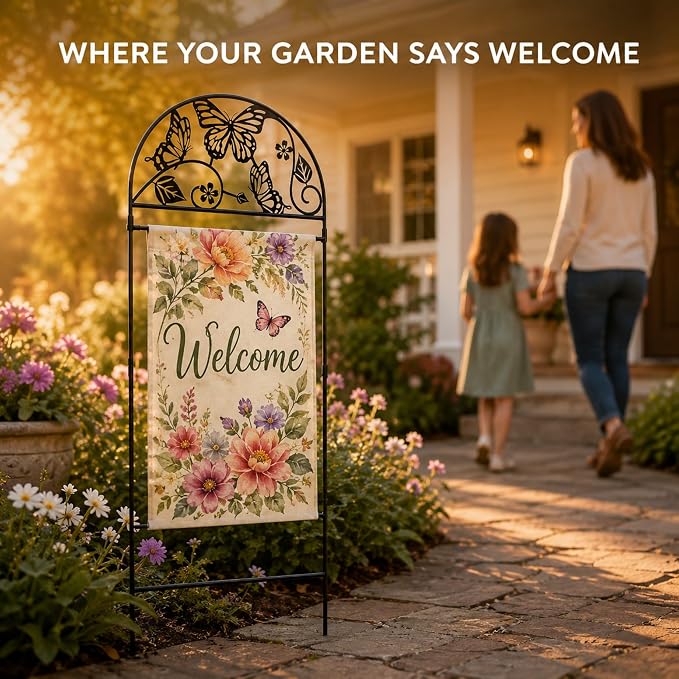 AceList Garden Flag Stand Holder for Outside, Butterfly Decorative Metal Yard Flag Pole with 2 Anti-Wind Clips, Heavy Duty Rustproof Holder for 12x18 Seasonal Garden Flags, Spring Yard Outdoor Decor