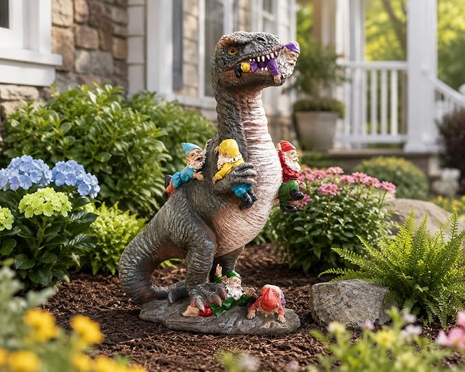 12 Inch Dinosaur Eating Gnomes Garden Statue | Funny Dinosaur Statue with Colorful Gnome Figures for Fairy Gardens, Patios Yard Decor