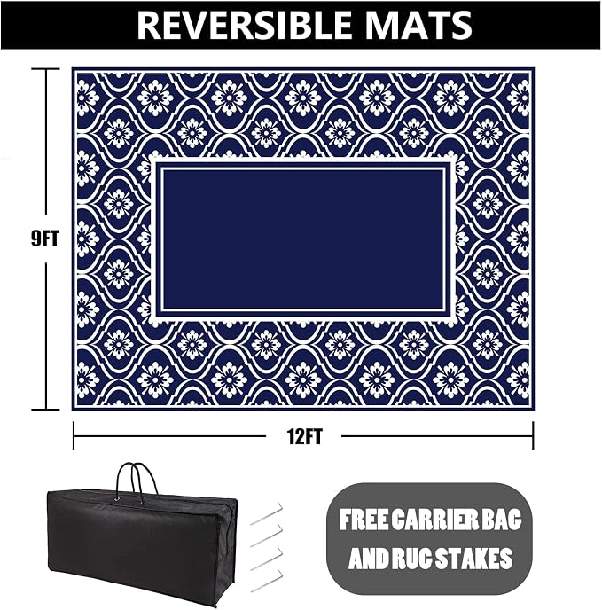HUGEAR RV Outdoor Rug Waterproof Mat 9'x12' Camping Carpet Blue Outside Area Rugs Reversible Rugs for Deck Entryance Porch Picnic Balcony Beach