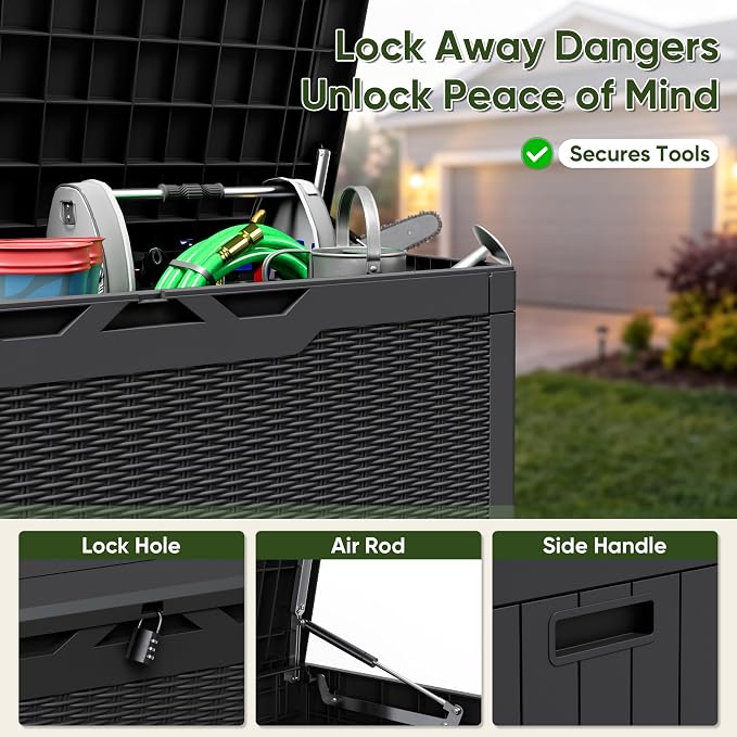 Flamaker Outdoor Storage Box 100 Gallon Waterproof Resin Deck Box Delivery Box with Air Rod Indoor Outdoor Lockable Storage Bench for Patio Cushions, Tools, Pool Accessories (Black)