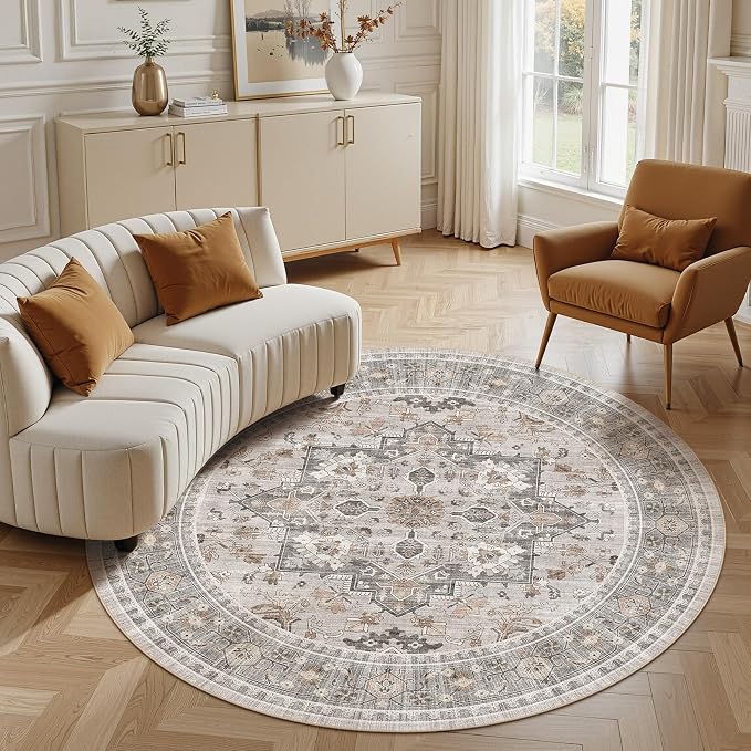 Washable Area Rug-5X5 Vintage Neutral Soft Taupe | Non Slip Thin Foldable Large Floor Carpet for Living Room Bedroom Kitchen Dining Room Home Office Farmhouse Indoor