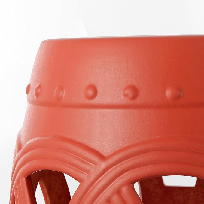 JONATHAN Y Lucky Coins 16" Ceramic Garden Stool, Contemporary Matte Coral Cutout Interlocking Rings Drum Indoor/Outdoor Side Table and Plant Stand for Patio, Garden, Living Room TBL1022G
