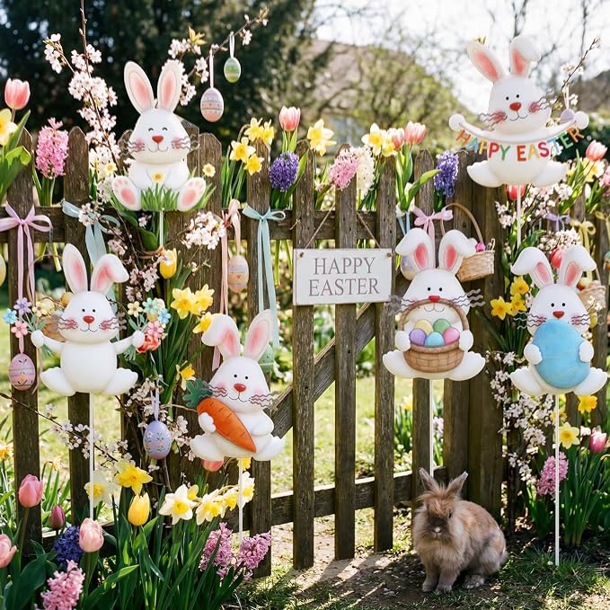 Pickmesh 6 Pcs 12" H Easter Yard Sign Metal Rabbits Yard Stake Bunny Barn Garden Stake Easter Decoration Outdoor for Planter Pot Spring Walkway Pathway Lawn Decor