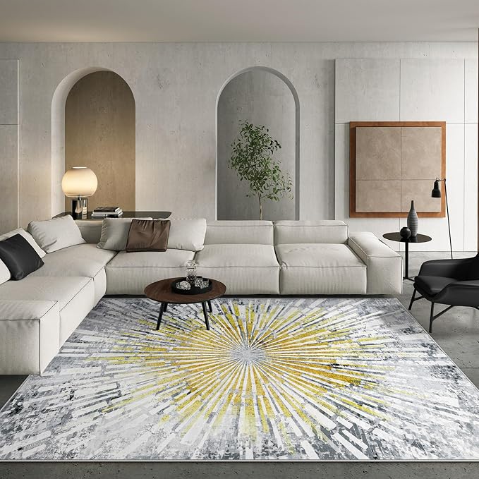 Lahome Manon 8x10 Rugs for Living Room, Modern Bedroom Area Rug Aesthetic Low Pile Soft Dining Room Rug, Washable Abstract Golden Indoor Carpet for Playroom Nursery