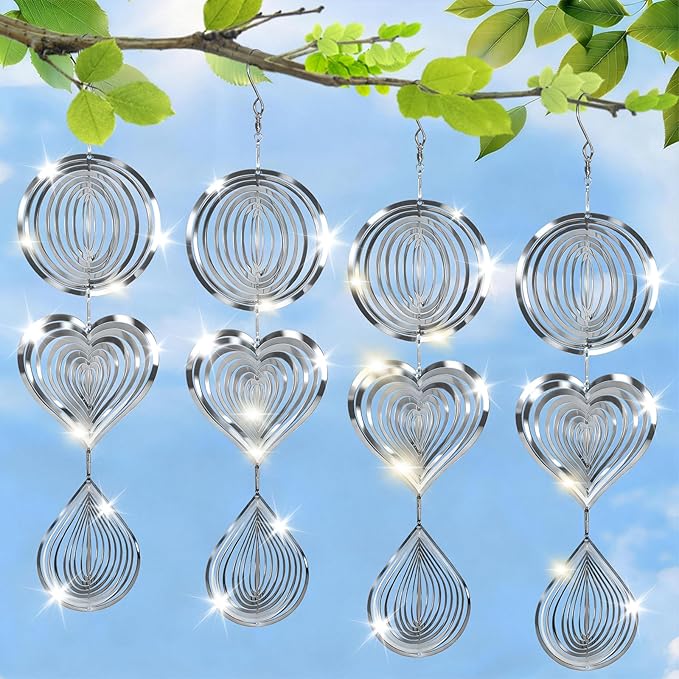 CHONOVO Stainless Steel Reflective Device, Round Bird Devices Set Highly Reflective 3D Wind Spinners Outdoor Garden Decor for Outside Window Roof Yard Orchards 12 Discs 4 Pcs