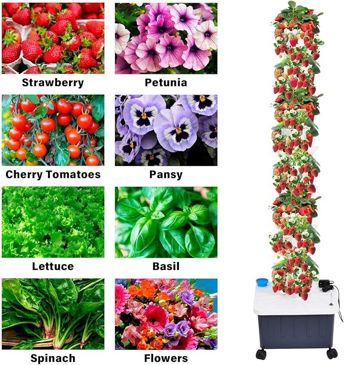 Vertical Hydroponic Grow Tower, 14-Layer 70 Slots Indoor Garden Tower with Movable Water Tank Hydrating Pump, Adapter Hydroponics Growing System Kit for Leafy Vegetables, Strawberries