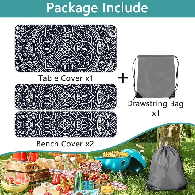Picnic Table Cover with Bench Covers 6FT 3PCS, Camping Essentials, Rectangle Fitted Camping Tablecloth Waterproof with Elastic Edge for Indoor Outdoor Patio, 60in, Black and White
