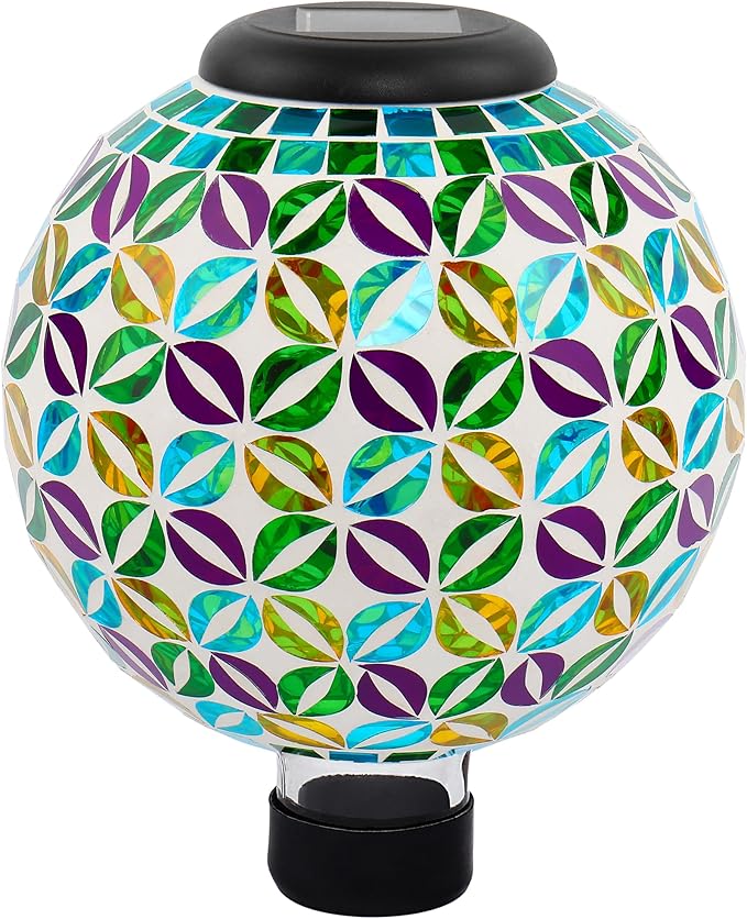 SAVENNA Mosaic Solar Gazing Ball 8 Inch,Glass Garden Globe with Auto On/Off for Yard, Lawn & Outdoor Decor,Multicolor