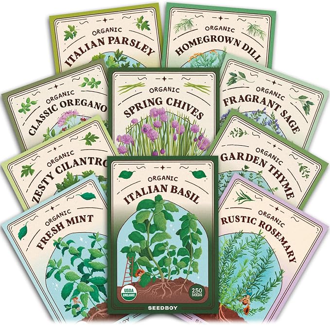 Seedboy Organic Non GMO 10 Herb Variety Pack: Basil, Cilantro, Mint, Oregano, Parsley, Thyme, Chives, Dill, Sage, Rosemary for Planting Indoor and Outdoor, USDA Certified (10 Herb Variety Pack)