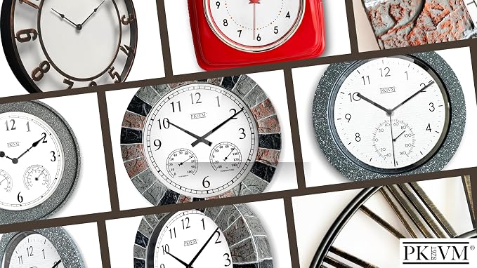 Kmok 9.8" Faux Concrete Wall Clock with Thermometer | Battery Operated, Indoor Use, Silent Sweep, Concrete Grey