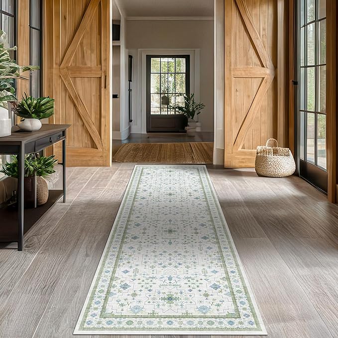 Oushak Runner 2x10 Hallway Rug - Floral Pastel Boho, Washable Low Pile Non Slip Extra Long Runner Rugs for Kitchen, Hall Way - Cream Blue and Green
