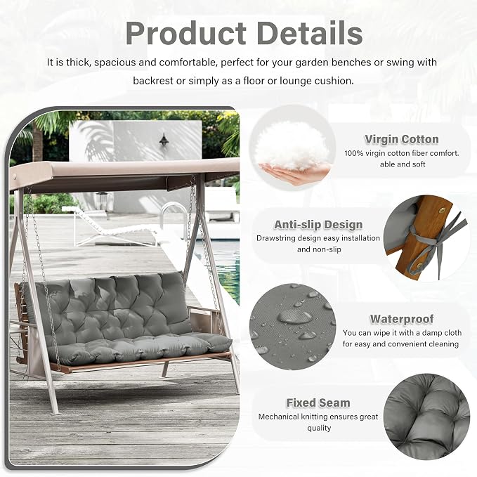 Porch Swing Cushion with Backrest,Waterproof Bench Cushion for Outdoor Furniture,2-3 Seater Replacement Thickened 5 in swing cushion,with Ties,Patio,Outdoor,Backyard and Garden (Light Grey,60x40 in)