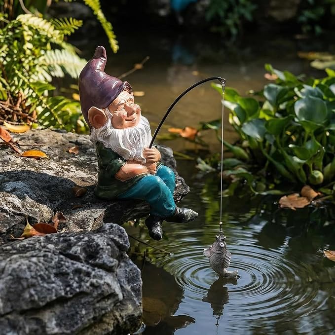 Garden Gnome Fishing Statue, 9.7" Koi Pond Decor with Glow in Dark Pebbles, Great Gift for Mom