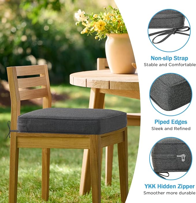 19 x 19 Inch Outdoor Chair Cushions with Tie Straps, Set of 4 Thick Water Repellent Square Patio Chair Pads for Garden Lawn Patio Furniture, Charcoal