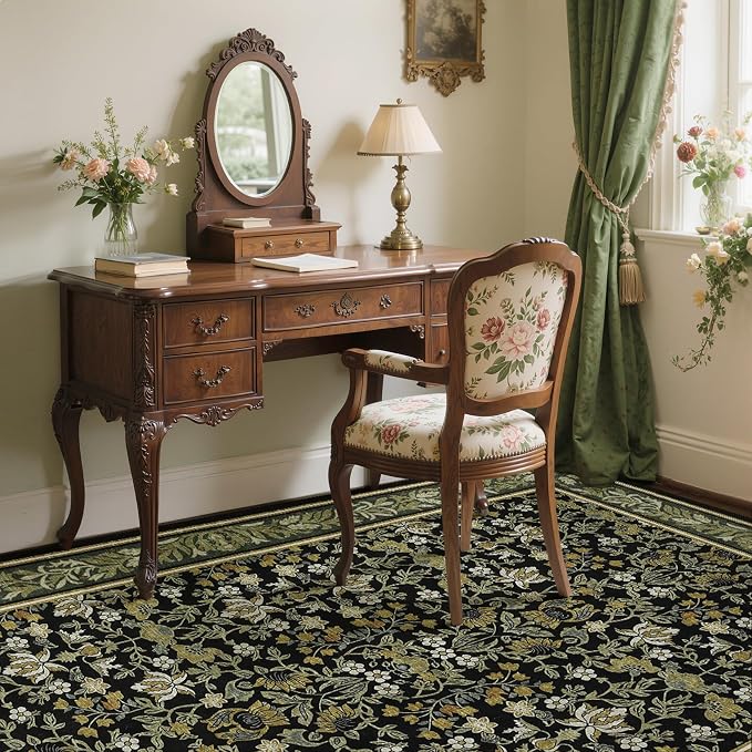 GarveeHome 8x10 Area Rugs for Living Room: Washable Bedroom Rug Green Black | Boho Vintage Non Slip Soft Low Pile Stain Resistant Indoor Carpet for Farmhouse Dining Room Nursery Home Office