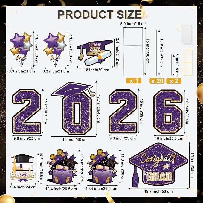 Large 11 PCS Graduation Yard Signs, Class of 2026 Congrats Grad Outdoor Lawn Yard Sign with Stakes, Graduate Yard Decorations for College High School Party, Purple and Gold