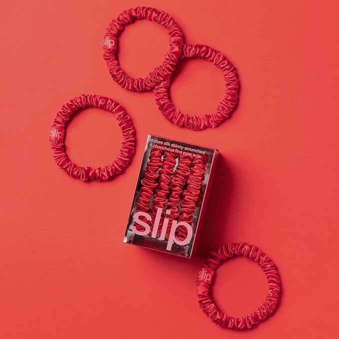 Slip Silk Hair Ties — Skinny Silk Red Scrunchies, No Damage, No Crease, Anti-Breakage |100% Mulberry Silk | All Hair Types | Made with Proprietary Slipsilk™ | Set of 4
