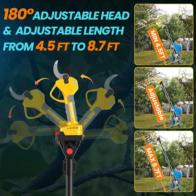 2-in-1 Pole Pruning Shears, 2.6 Inches Opening size Cordless Electric Pole Pruners - Brushless Motor, 2.0Ah*2 Batteries, SK7 Blade, 8.7FT Adjustable Branches Cutter for Tree Trimming