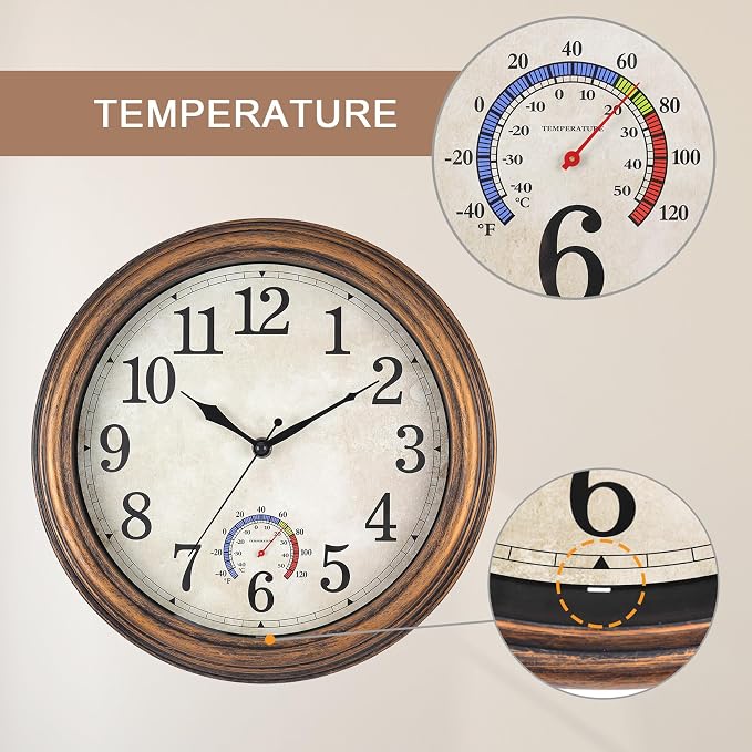 12 inch Outdoor Wall Clock, Plastic Waterproof Wall Clock with Temperature, Water Resistant Outdoor Clocks for Patio Garden