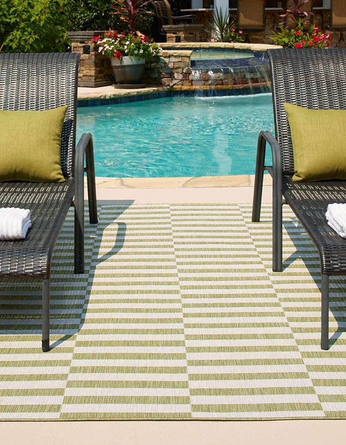 Unique Loom Outdoor Striped Collection Area Rug - Striped (10' x 14' Rectangle Green/Ivory)
