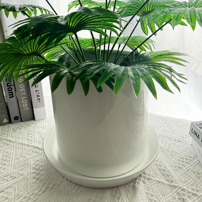 Ceramic Plant Saucer Tray 10 11 12 Inch White, 11.3" OD x9.7 ID x1.8 Deep| Round Sturdy Heavy Duty Glazed Bevel Planter Drip Flower pots with Catch Basin for Indoor Outdoor Plants