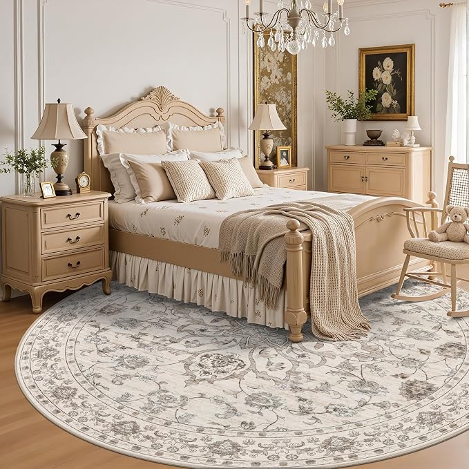 Round Area Rug for Living Room: 6ft Boho Washable Rug Brown Beige | Vintage Boho Soft Round Rug Indoor Floor No Slip Carpet Stain Resistant Rugs for Bedroom Dining Room Nursery Home Office