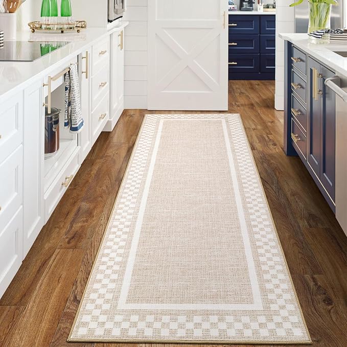 GarveeHome Washable Runner Rug 2x10 Modern Bordered Hallway Runner Rugs | Non Slip Kitchen Throw Carpet Checkered Bathroom Entryway Low Pile Solid Area Rugs for Living Room Bedroom Nursery, Beige