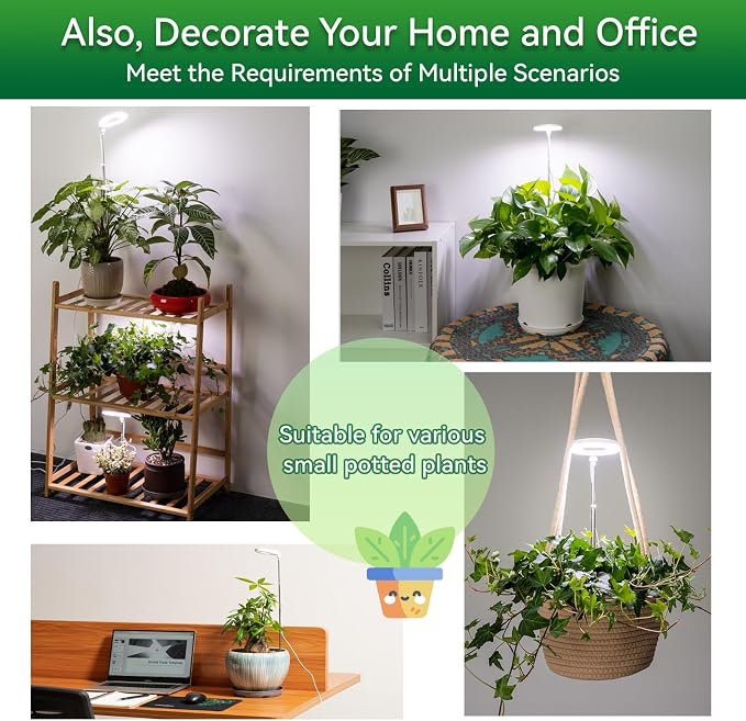 Grow Light for Indoor Plants, Full Spectrum 48LEDs Small Grow Light, Plant Light Super Bright with 4/8/12/18H Auto Timer, Dimmable, Adjustable Height 7"-17", Halo Φ3.5, Power Cord 78", Plug Included