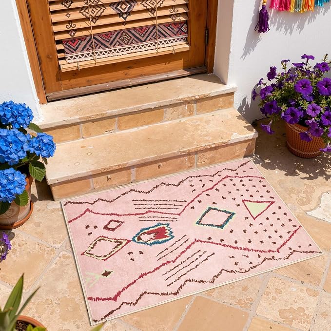 jinchan 2x3 Hot Nerd Rug Modern Boho Geometric Washable Entryway Rug, Pink | Abstract Pattern, Moroccan Inspired, Artistic Lines, Washable, Soft Texture, Non-Slip, Low Pile, Bedroom, Study Room