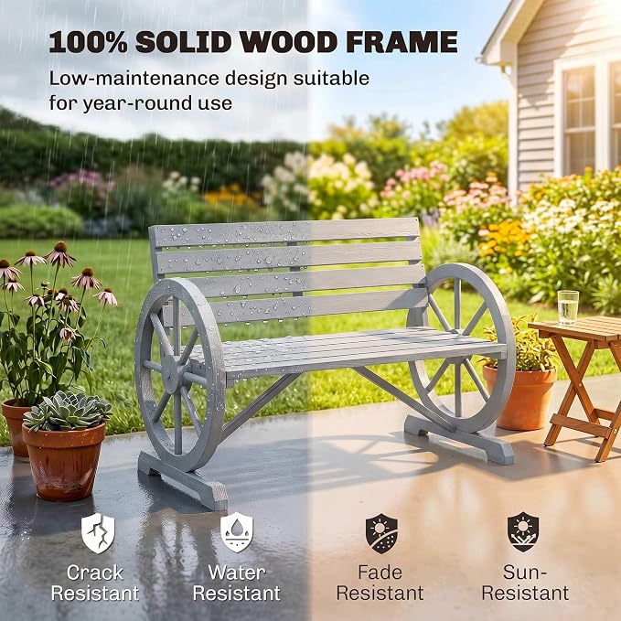 Outsunny 41" Wooden Wagon Wheel Bench, Rustic Outdoor Patio Weather Resistance Furniture, 2-Person Slatted Seat with Backrest, Light Gray