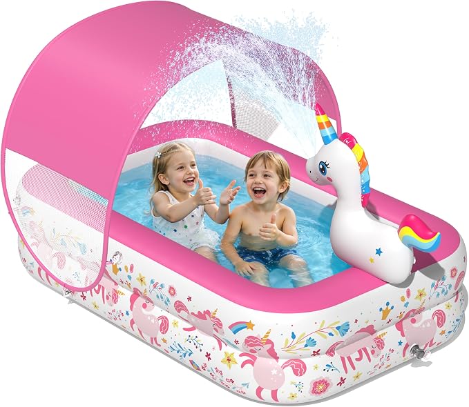 JOSEN Unicorn Kiddie Pool with Canopy and Sprinkler, Inflatable Baby Pool with Soft Cushioned Floor, Portable Toddler Pool Ball Pit for Backyard, Outdoor/Indoor Play Toys Girls Birthday Gift(Pink)