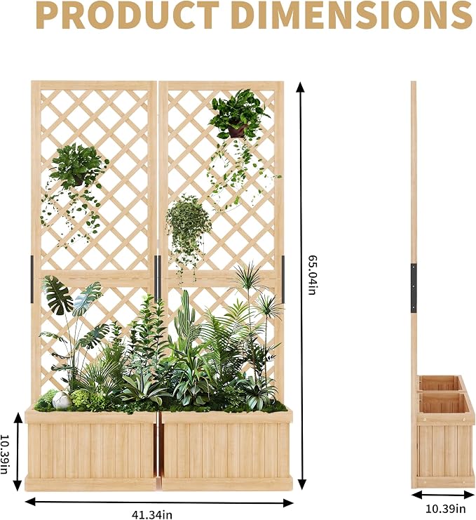 Cedar Privacy Screen with Planter Box - 2-Panel Freestanding Garden Fence, 41 in x10 in x65 in Tall Outdoor Divider with Drain Holes & Raised Bed for Patio, Deck & Backyard (Natural Wood)
