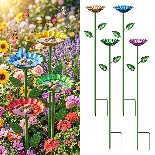 4 Pack Watering Station for Bee Butterflies Pollinator Insect Outdoors Drinking Water, Metal Feeder Cup for Garden Backyard Balcony Planters Decors, Standing Colors Hummingbird Bath with Flower Design