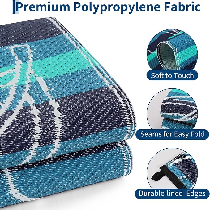 Garvee 6x9 Outdoor Waterproof Rug, Floral Outdoor Area Rug，Reversible Plastic Straw Patio Rug, Portable Camping Mat for RV, Picnic, Beach, Balcony, Garden & Camping Black&Blue
