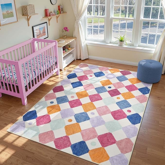 jinchan 6x9 Classroom Rug Washable Kids Rug Colorful Playroom Mat Berries | Soft, Non-Slip, Cute, Kid-Friendly, Checkered Diamond Design, Cream Background, Nursery, Living Room, Bedroom, Dorm, Daycare