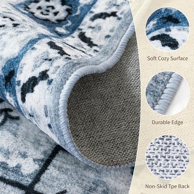 LBRO2M Machine Washable Rug Soft Pet Friendly Carpet 5X7 Blue | Persian Rug 5X7 for Living Room, Bedroom, Dining Room, Home Office, Non Slip Carpet, Foldable Stain Resistant Rugs