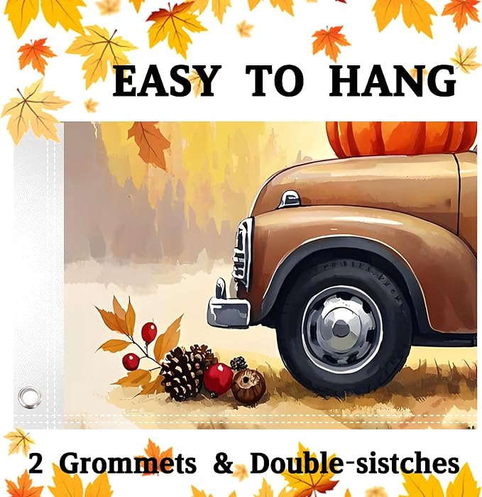 Fall Flag 3x5Ft Outdoor Double Sided Happy Fall Banner for Outside Hello Autumn Holiday Yard Flag Thanksgiving Truck Harvest Pumpkin Berries with 2 Grommets for Farmhouse Indoor Outdoor Decor
